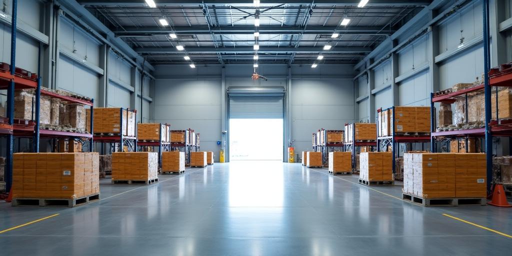 Interior of a massive organized warehouse with freight being loaded